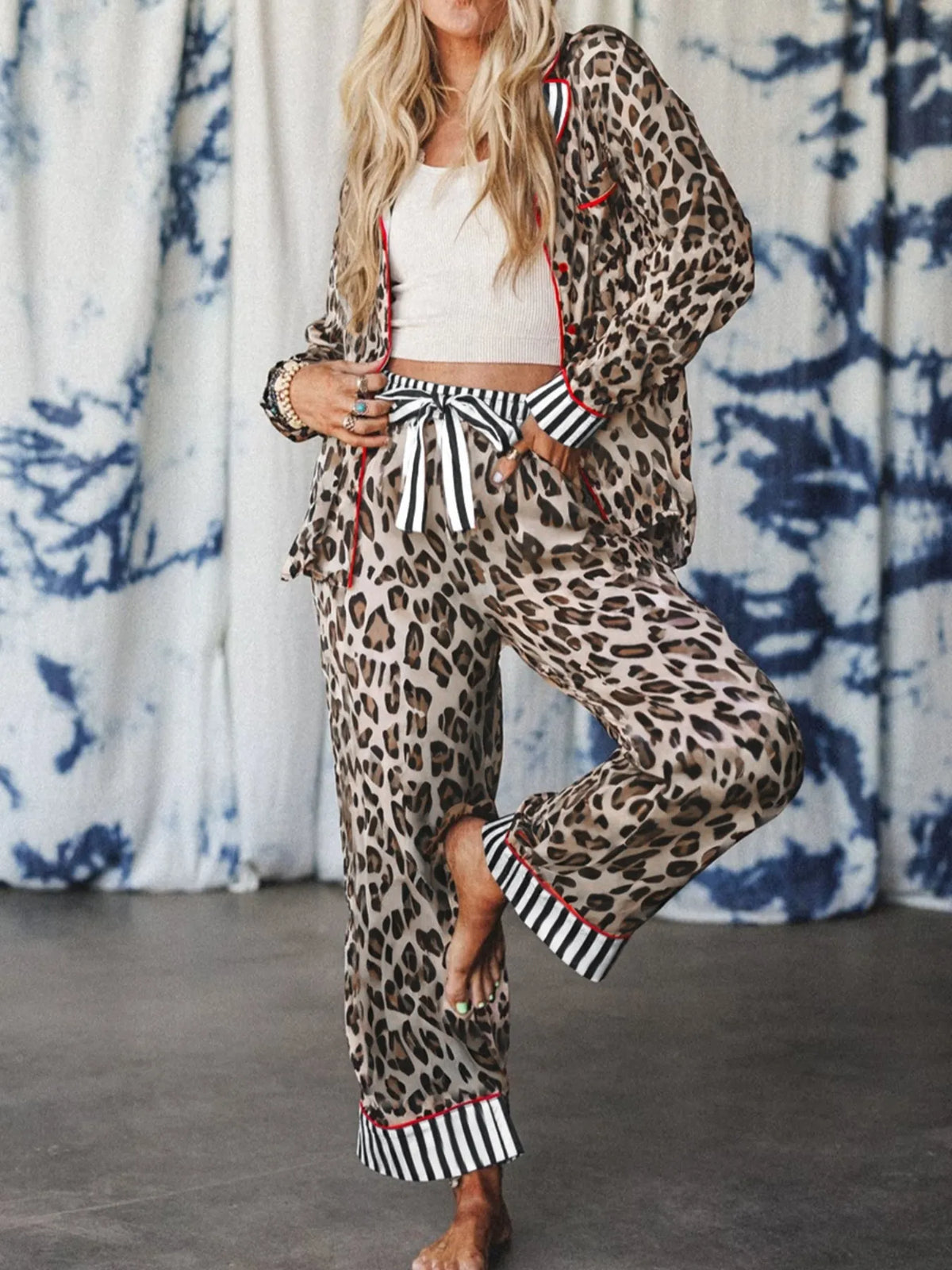 Leopard and Striped Trim Shirt and Pants Set