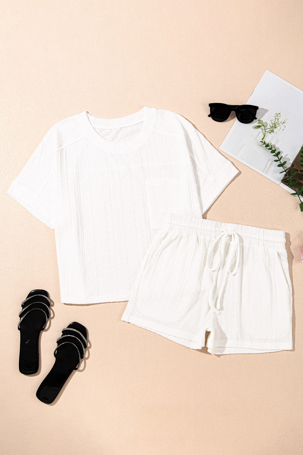 Texture Short Sleeve Top and Shorts Set