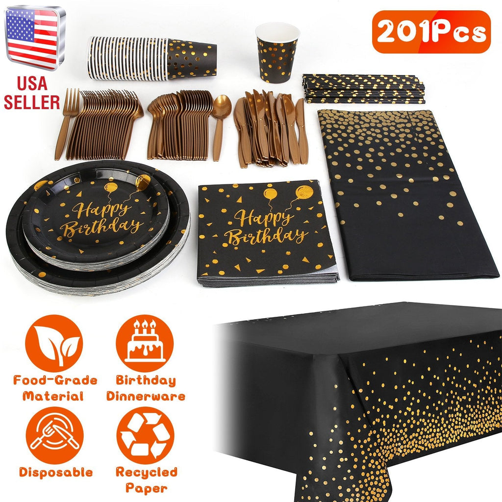 201PCS Black Gold Birthday Party Supplies For 25 Guests Happy Birthday Disposable Dinnerware Set Paper Plates 9OZ Cups Straws Napkins Forks Knives Spo