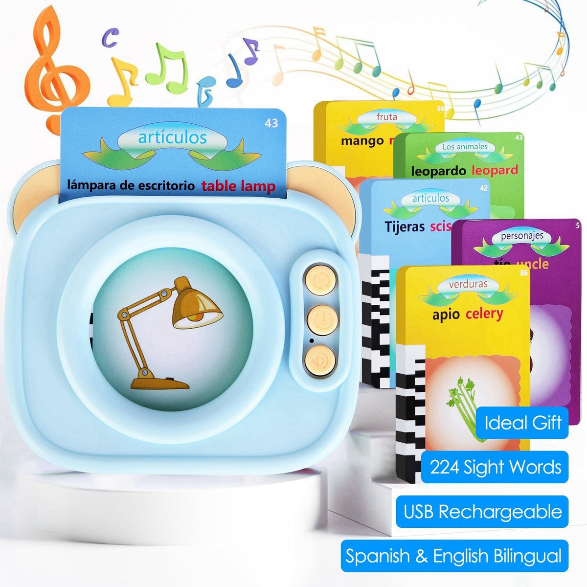 Spanish & English Talking Flash Cards 224 Sight Words Bilingual Flash Cards Rechargeable Card Early Education Device Educational Toy for Boys Girls Ag