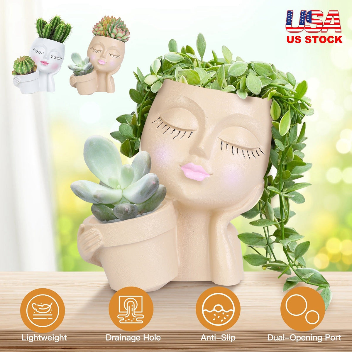 Girl Face Planter Pot Dual Opening Flower Pot With Drainage Hole Lady Head Resin Plant Pot For Succulent Cactus Indoor Outdoor