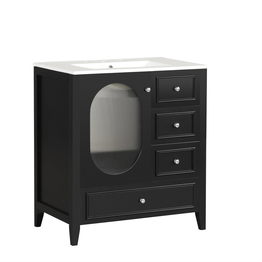 30" Bathroom Vanity with Sink, Bathroom Vanity Cabinet with Three Drawers and Door, Solid Wood and MDF, Black