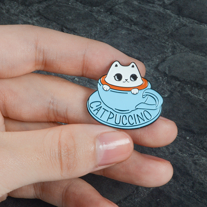 Blue Teacup White Cat Coffee Brooch
