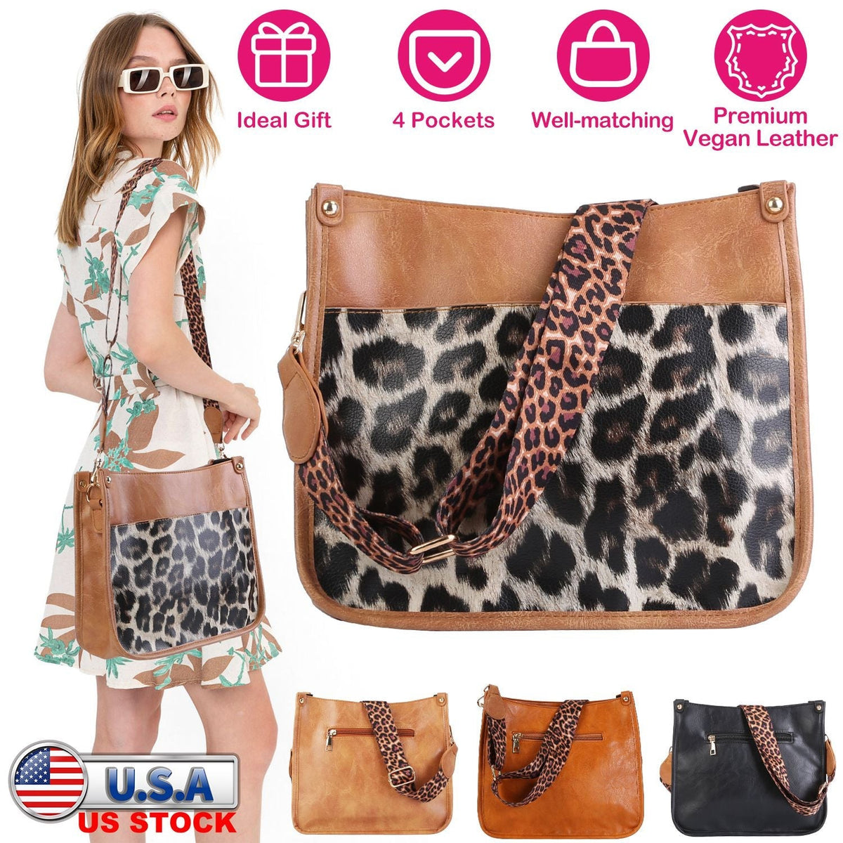 Women Fashion Leather Crossbody Bag Shoulder Bag Casual Handbag with Flexible Wearing Styles Adjustable Guitar Strap