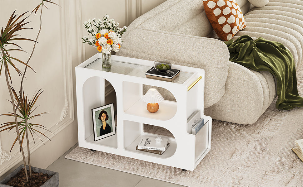 Stylish mobile desk with lockable wheels, white bedside table with 5mm thick grooved tempered glass and gold round bars