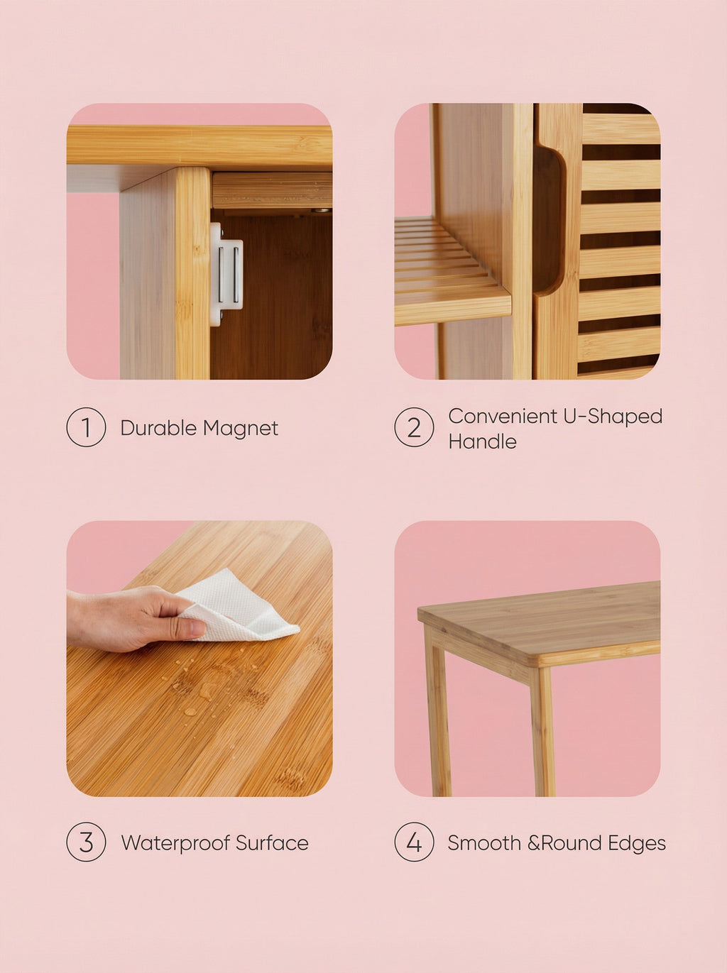 Bamboo 4 Tier Floor Cabinet with Doors, Freestanding Storage