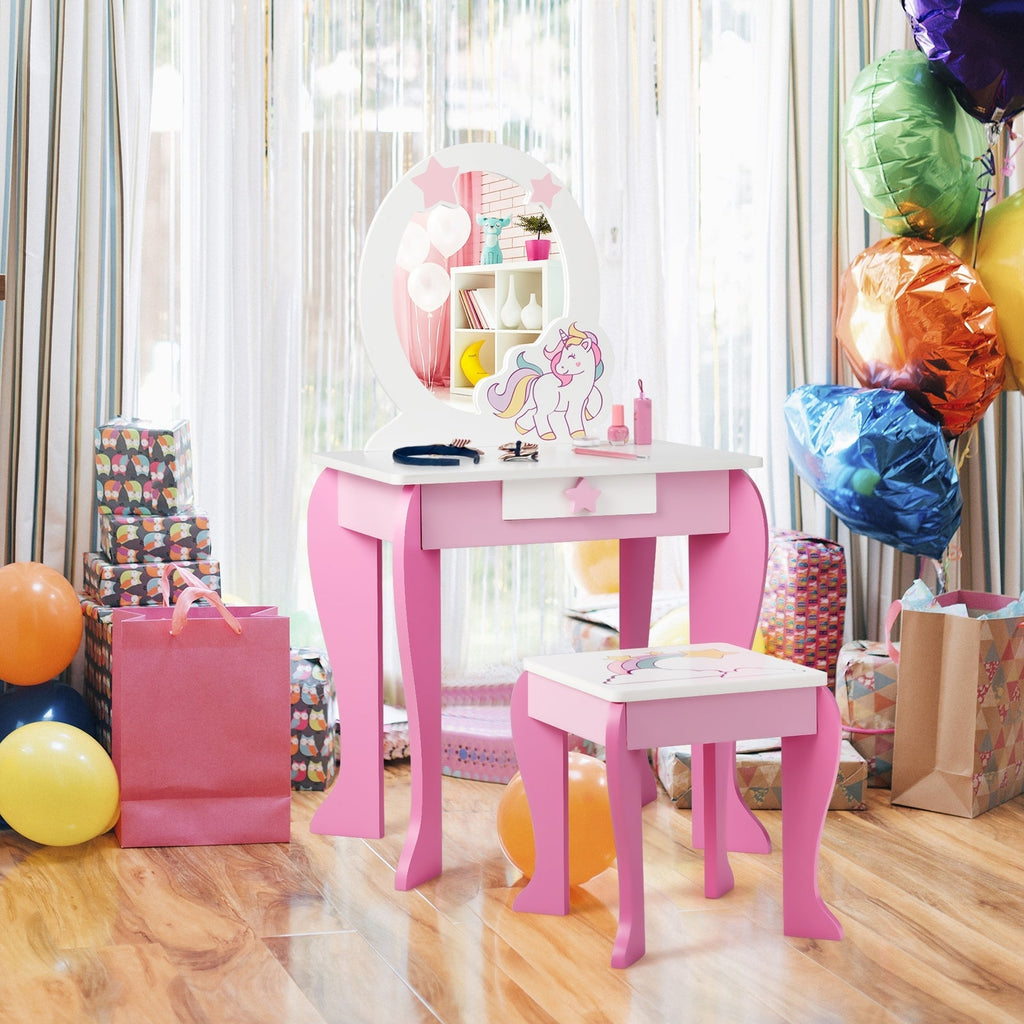 Kids Wooden Makeup Dressing Table and Chair Set with Mirror and Drawer
