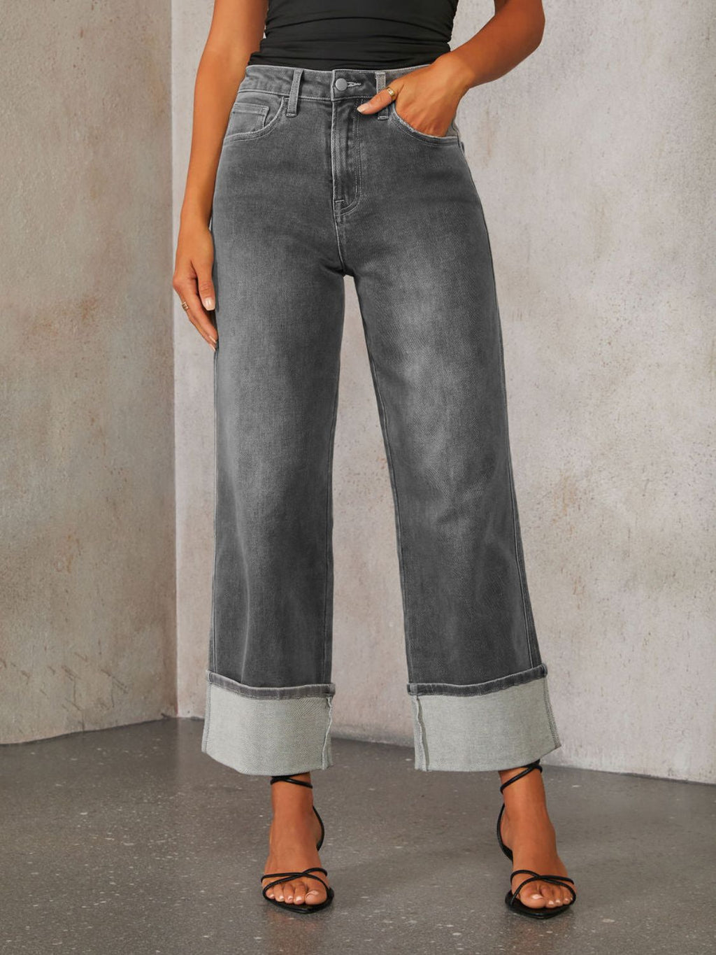 High Waisted Straight Leg Rolled Jeans