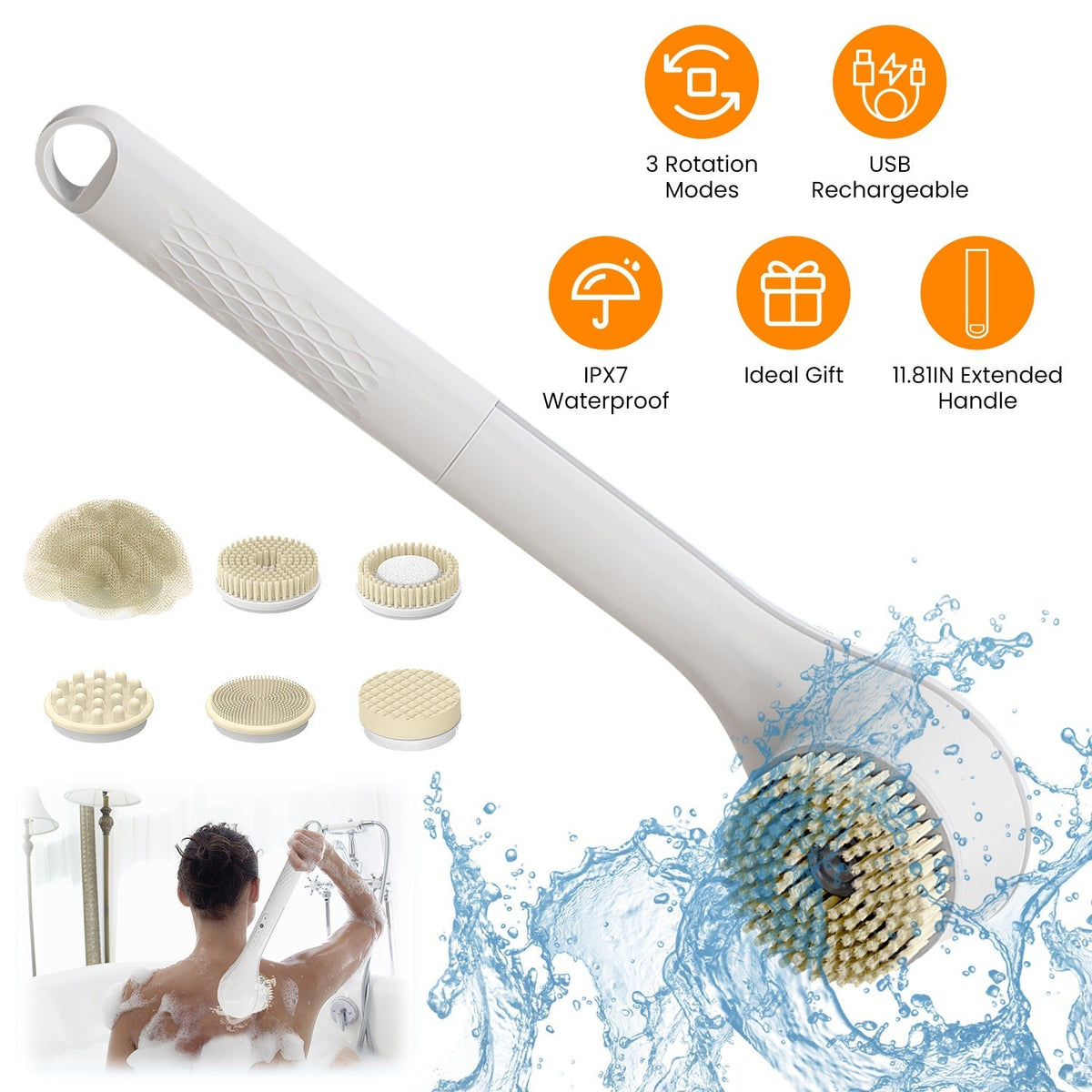 Electric Bath Brush Body Scrubber Rechargeable Massaging Spin Brush with 6 Shower Brush Heads 3 Rotating Modes Extended Handle