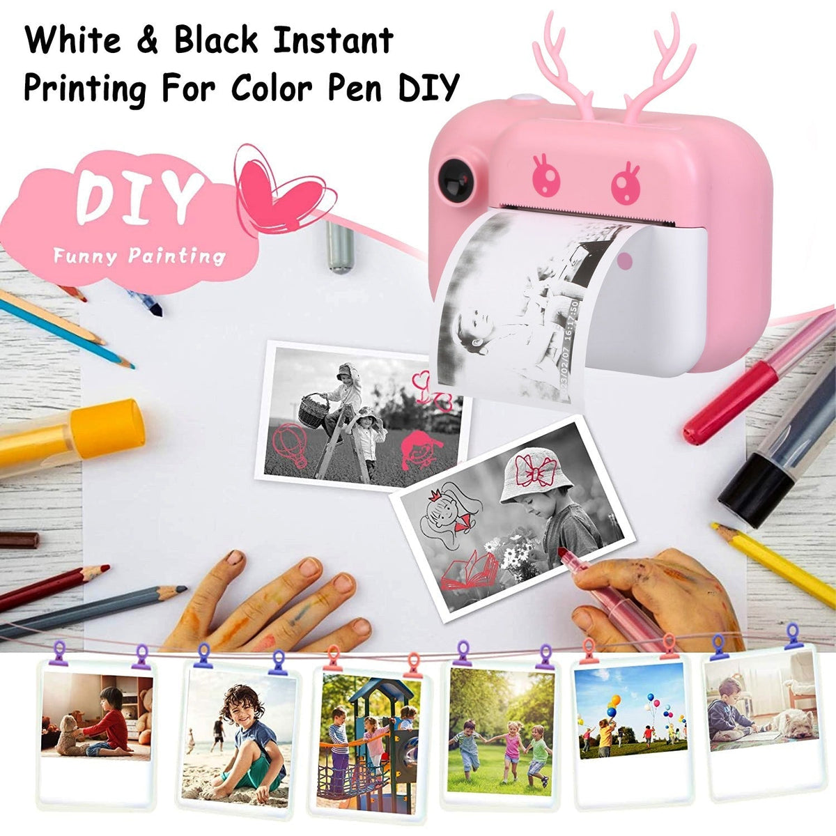 Kids Instant Print Camera 2.4in Digital Zero Ink Selfie Camera 1080P HD Video Recorder Toddler Camera with Dual Lens 3 Roll Print Papers Cute Stickers
