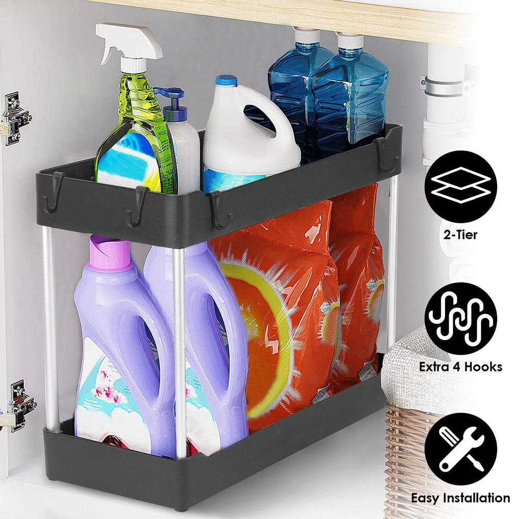 2-Tier Under Sink Shelf Organizer Space Saving Under Bathroom Sink Storage Rack w/ 4 Hooks