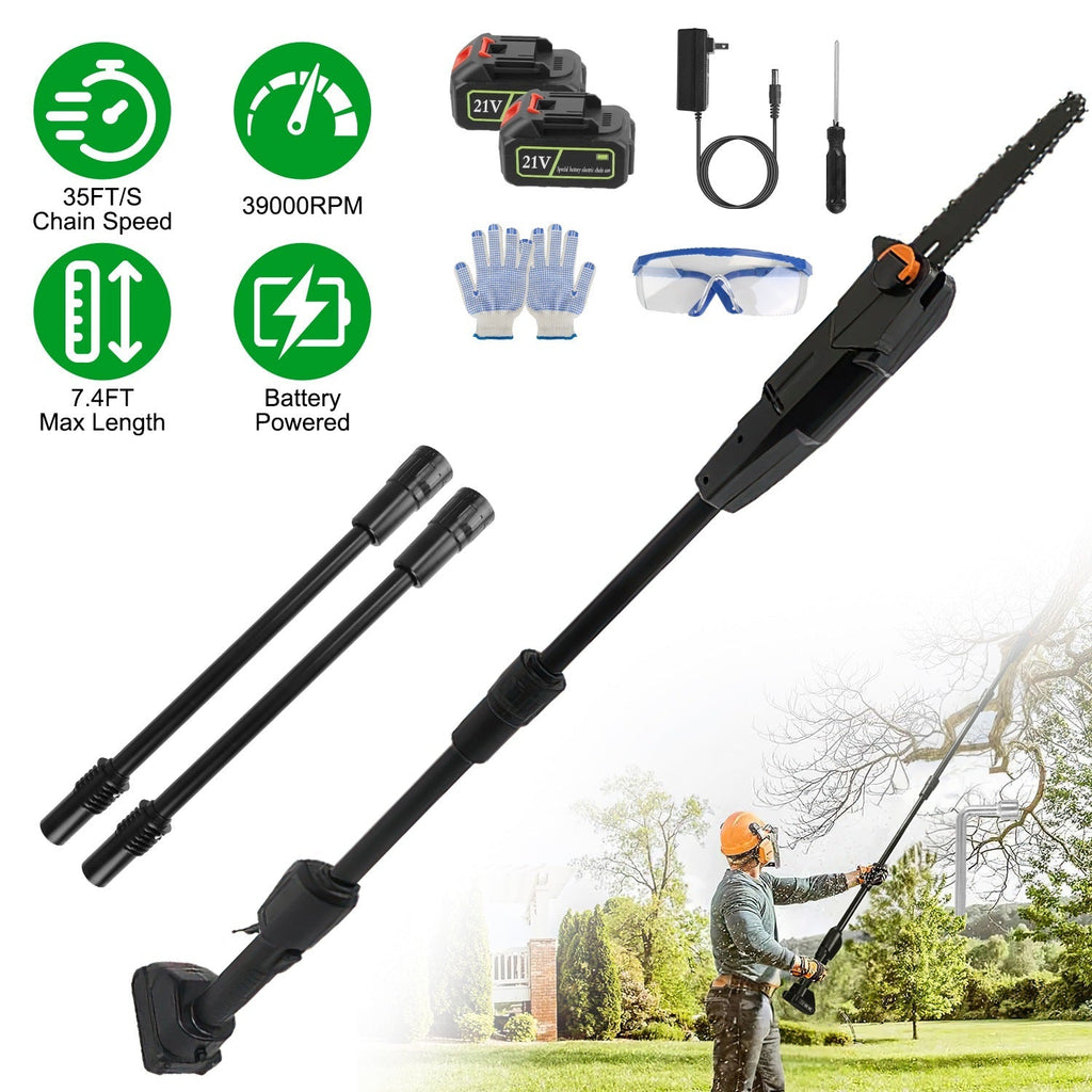 6in Cordless Pole Saw 7.4FT Maximum Extendable Length 35FT/S Speed Electric Pole Chainsaw 2Pcs 3.0Ah Batteries And Charger Included For Pruning Trimmi