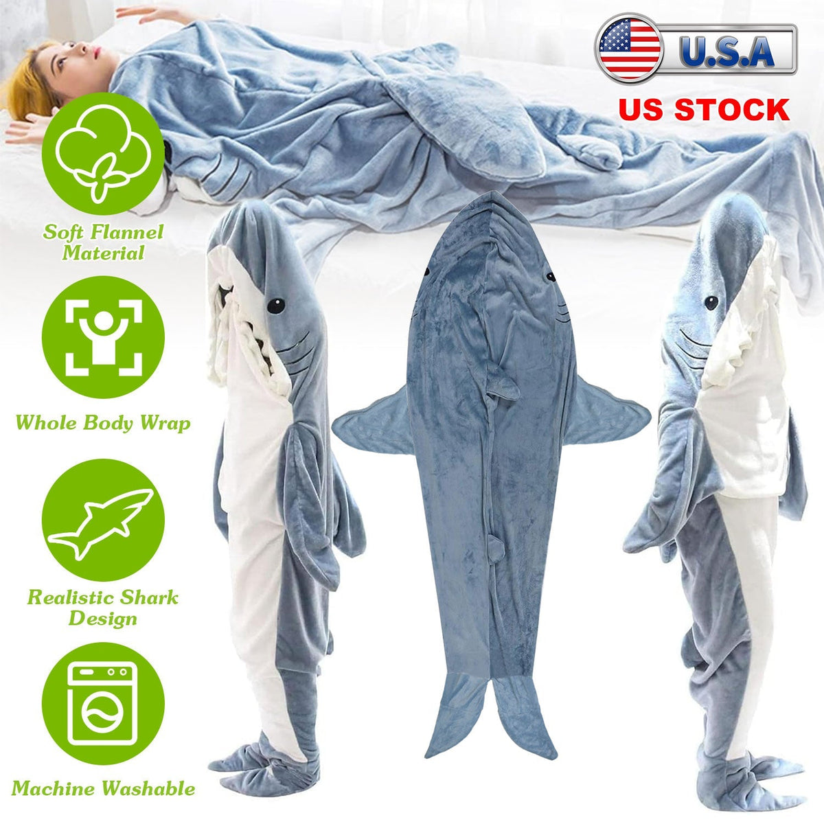 Wearable Shark Sleeping Bag Shark Onesie X-XXL Size Soft Comfortable Flannel Blanket With Zipper Suitable For Adult Children Height 4.2FT to 5.5FT