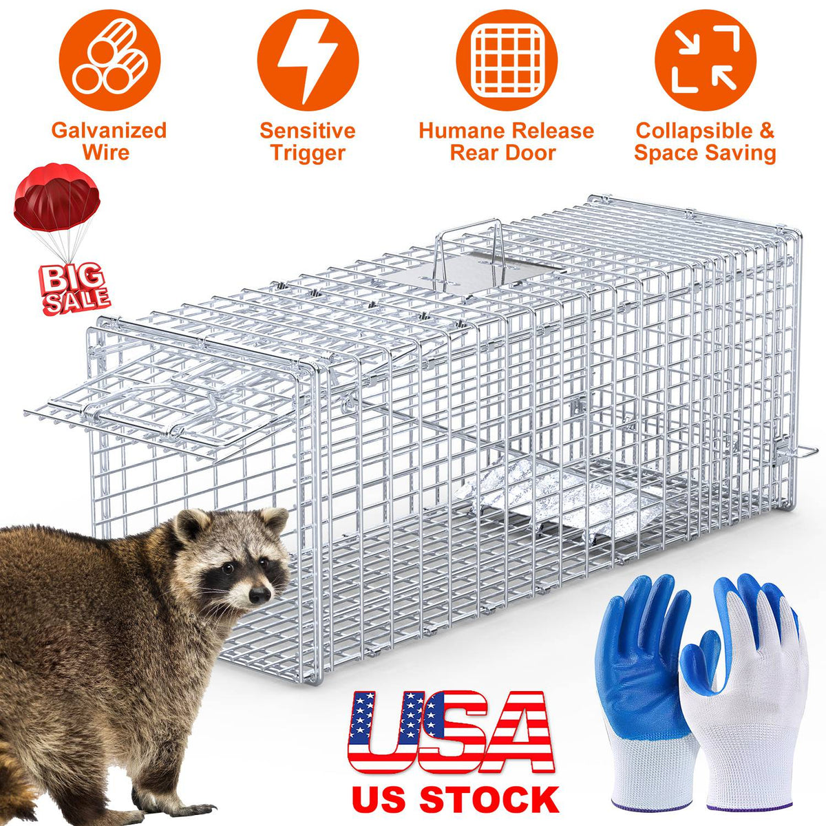 Live Animal Trap Cage 37x14x15in Folding Catch and Release Humane Cat Trap Galvanized Iron for Raccoons Foxes Coyotes Stray Dogs Armadillos Squirrels