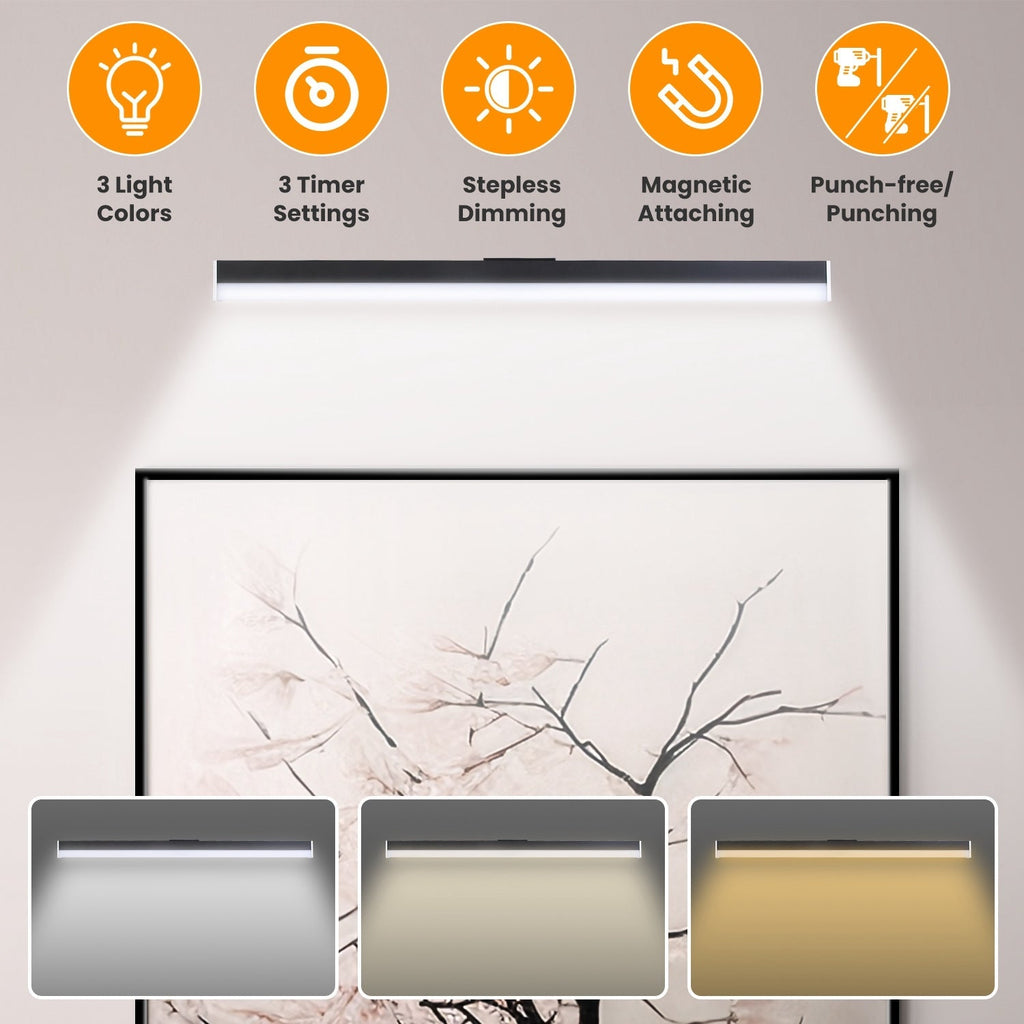 Wireless Picture Light Magnetic Art Display Light Dimmable Rechargeable Library Gallery Light with 3 Light Colors 3 Timer Settings Remote Control Punc