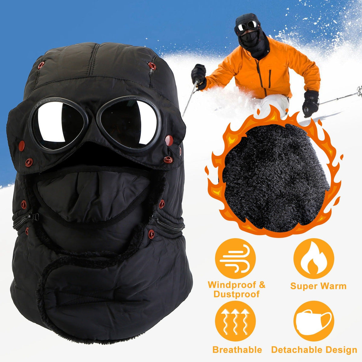 Unisex Thermal Winter Goggles Hat Warmth Trapper Trooper Cap Windproof Dustproof Breathable Hat w/ Neck Flap Detachable Face Mask For Skiing Cycling R