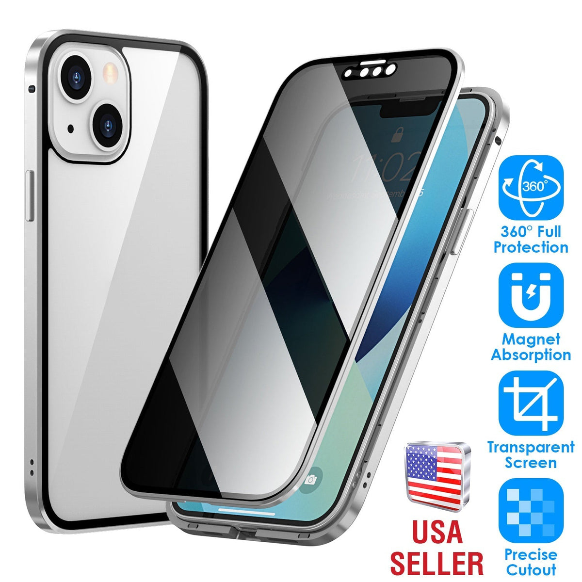 Privacy Magnetic Phone Case 360¡ Full Protection Anti Spy Phone Cover Double Sided Tempered Glass Magnet Absorption Fit for IOS Phone 14 Pro