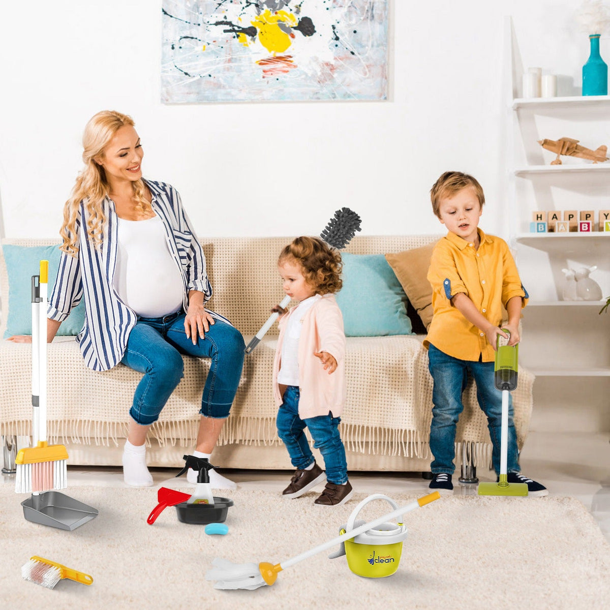 14Pcs Kids Cleaning Toy Set Toddler Housekeeping Pretend Play Kit with Vacuum Cleaner Broom Mop Organization Stand for Boys Girls Aged 3 4 5