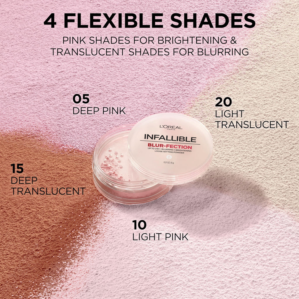 L'Oreal Paris Infallible Blur-fection Longwear Loose Setting Powder, Blurring Face Powder With Up to 24HRs of Wear, Brightening Light Pink, 1 Kit