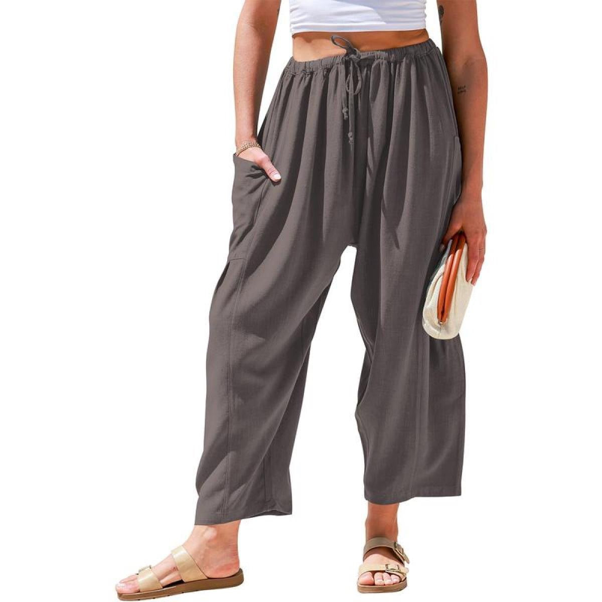 European and American women's elastic waisted pleated high waisted wide leg loose Haren cotton linen pants