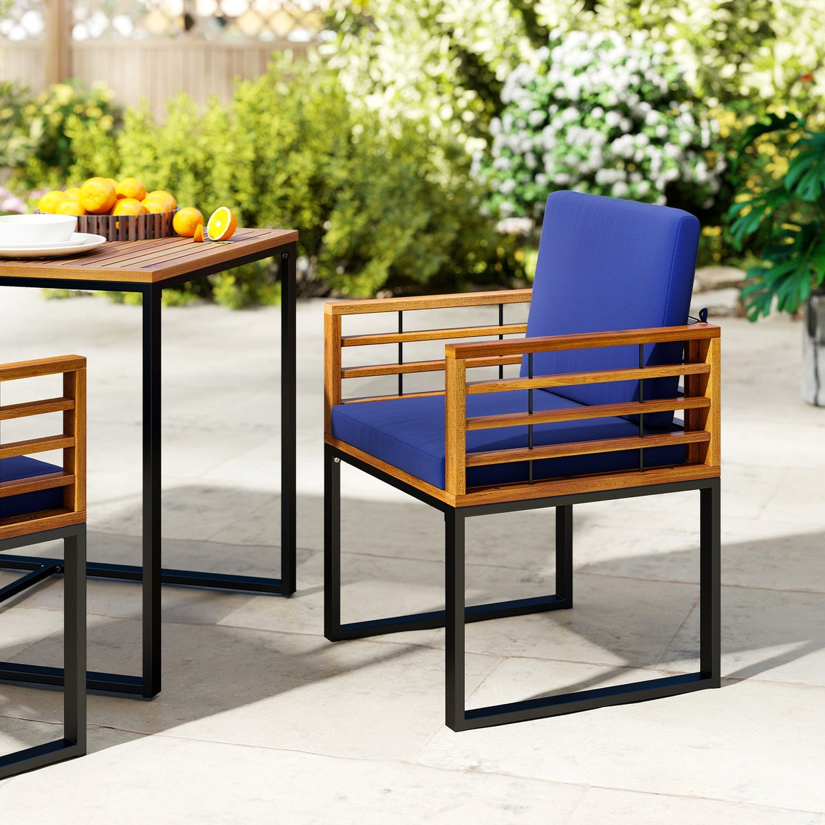 Acacia Wood Outdoor Dining Chairs Set of 2 with Soft Cushions-Navy
