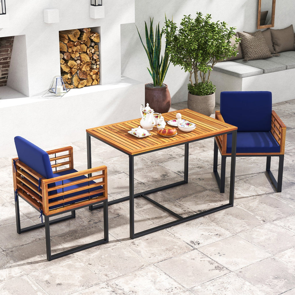 Acacia Wood Outdoor Dining Chairs Set of 2 with Soft Cushions-Navy