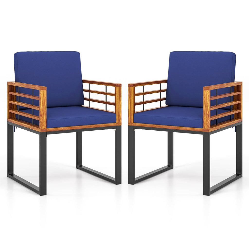 Acacia Wood Outdoor Dining Chairs Set of 2 with Soft Cushions-Navy