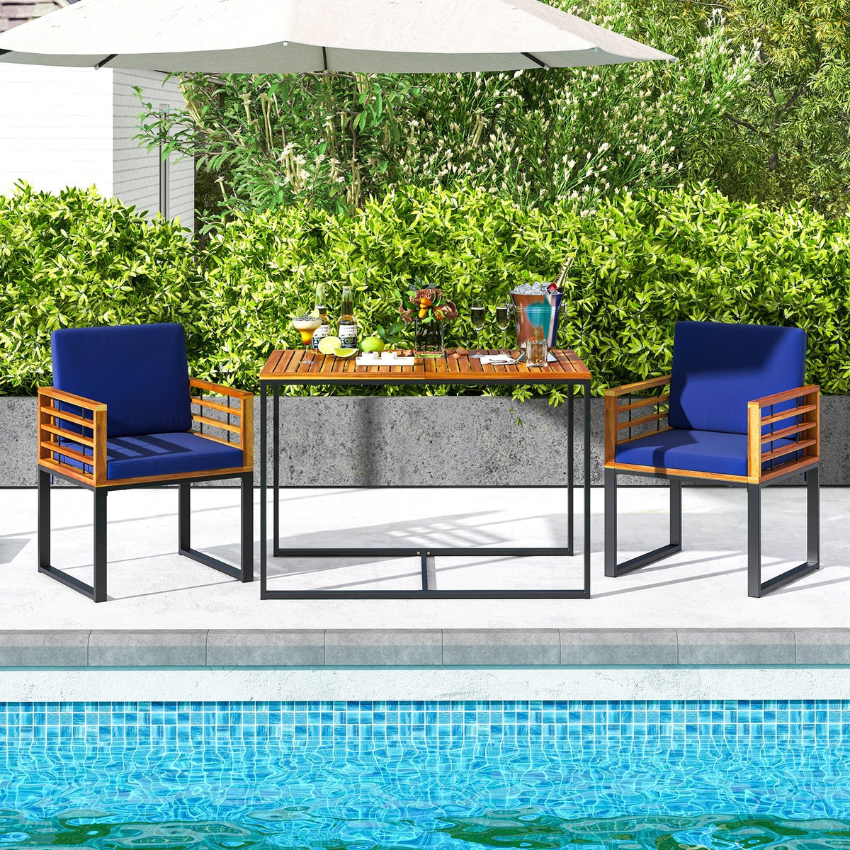 Acacia Wood Outdoor Dining Chairs Set of 2 with Soft Cushions-Navy