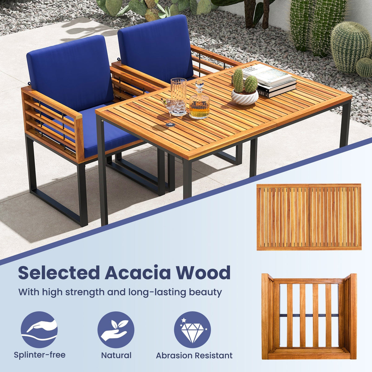 Acacia Wood Outdoor Dining Chairs Set of 2 with Soft Cushions-Navy
