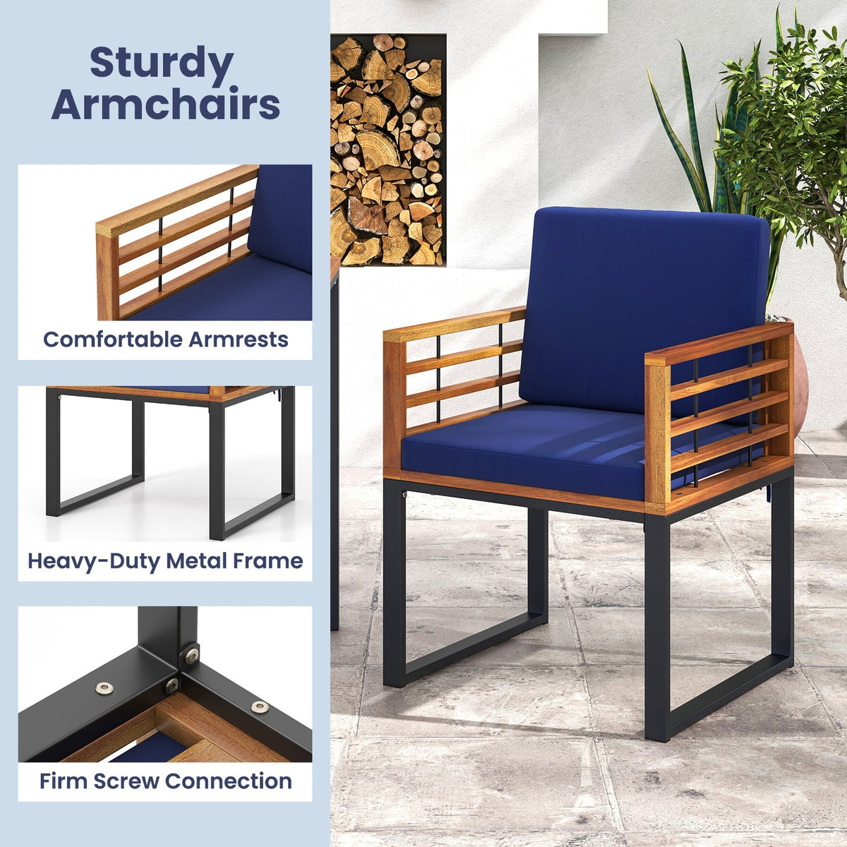 Acacia Wood Outdoor Dining Chairs Set of 2 with Soft Cushions-Navy