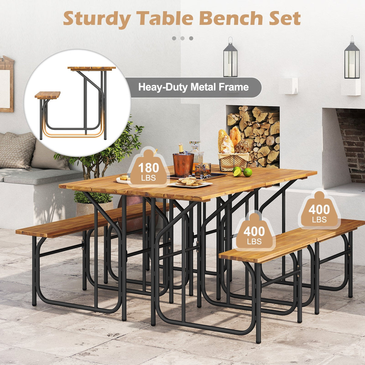 Acacia Wood Patio Table Bench Set One-Side Picnic Table and Seat