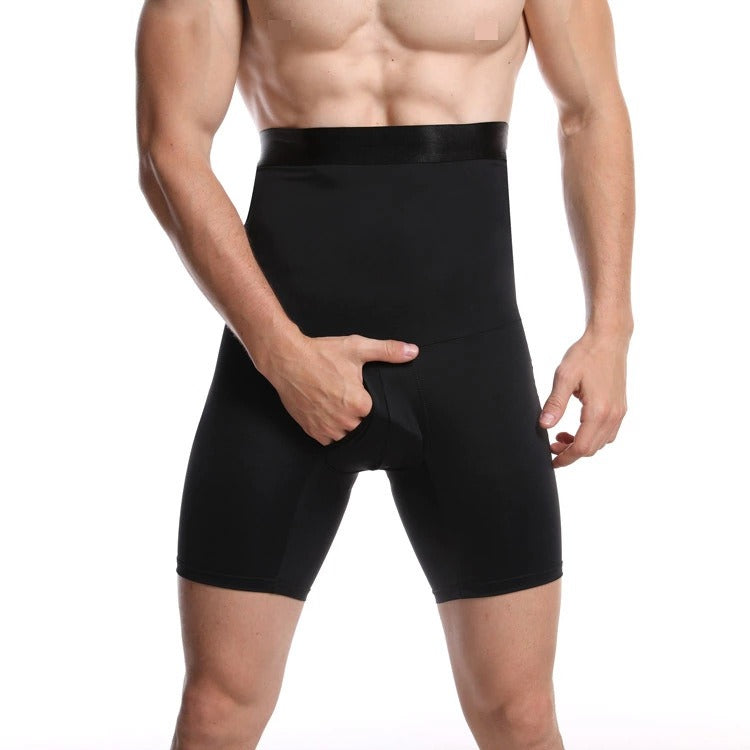 Men's Double layered High Waist Tight Belly Pants Elastic Solid Color Men's Breathable Lifting Hip Shaping Pants