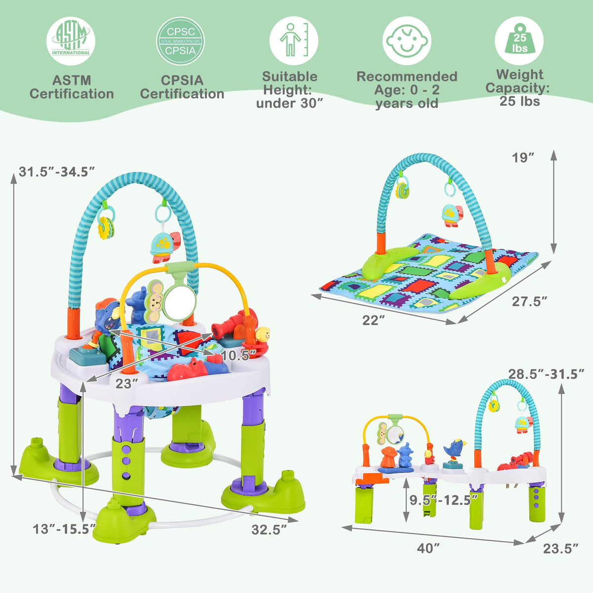 4-in-1 Baby Bouncer Activity Center with 3 Adjustable Heights-Green