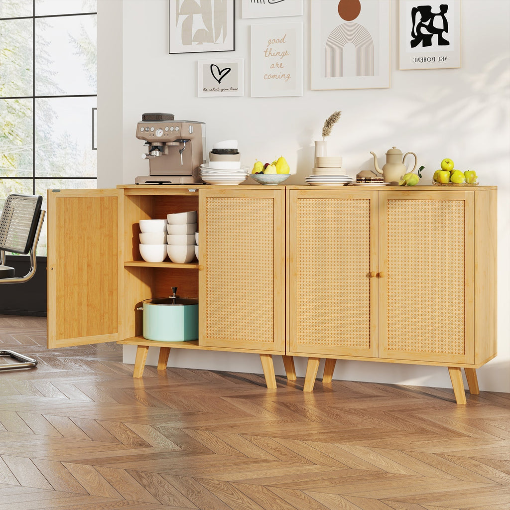 Bamboo Buffet Storage Cabinet with PE Rattan Doors and Freestanding Kitchen Cupboard-Natural