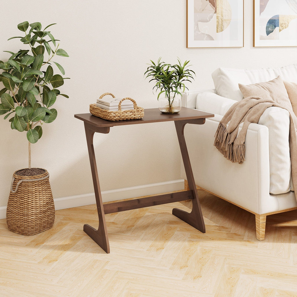 Bamboo Z-Shaped Spacious Sofa Side Table with Space-Saving Tabletop