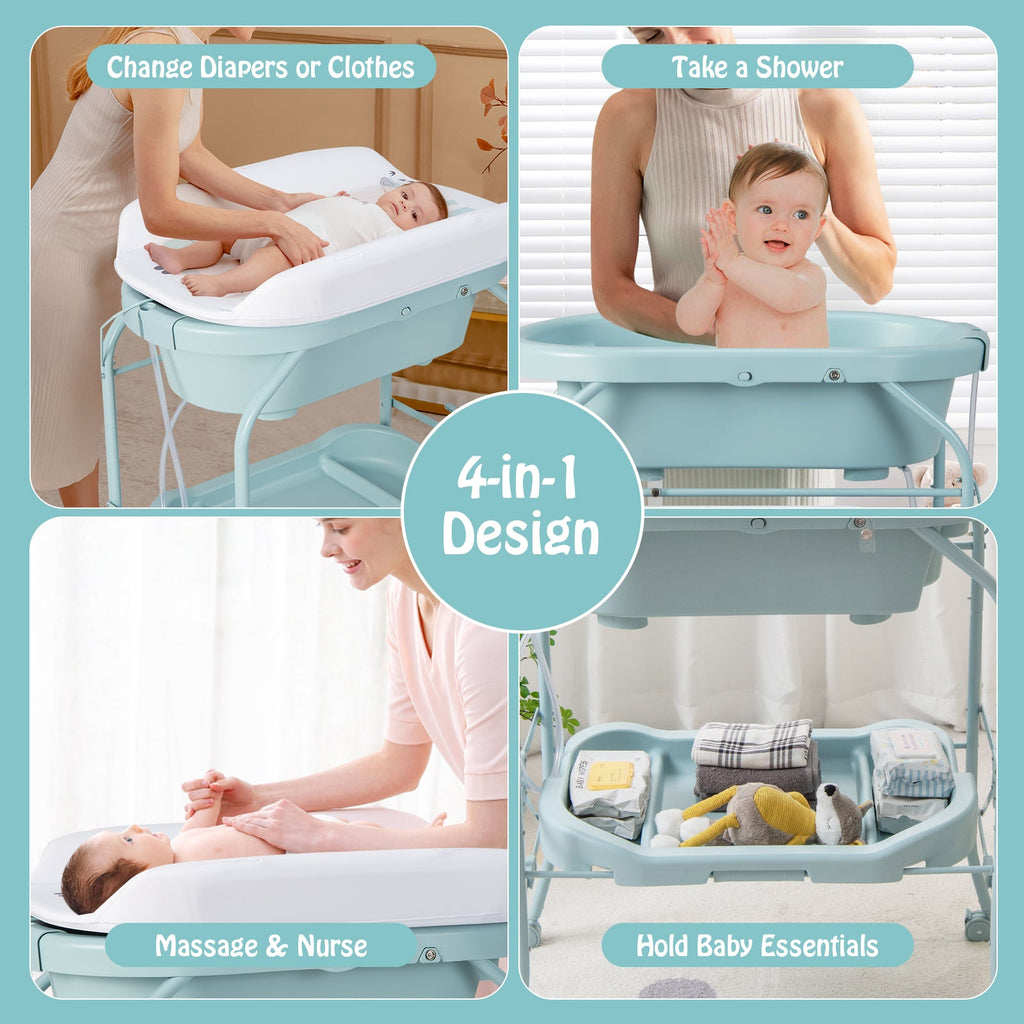 Folding Baby Changing Table with Bathtub and 4 Universal Wheels-Blue