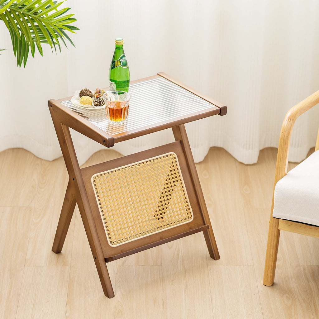 Boho End Table with Magazine Rack and Tempered Glass Top