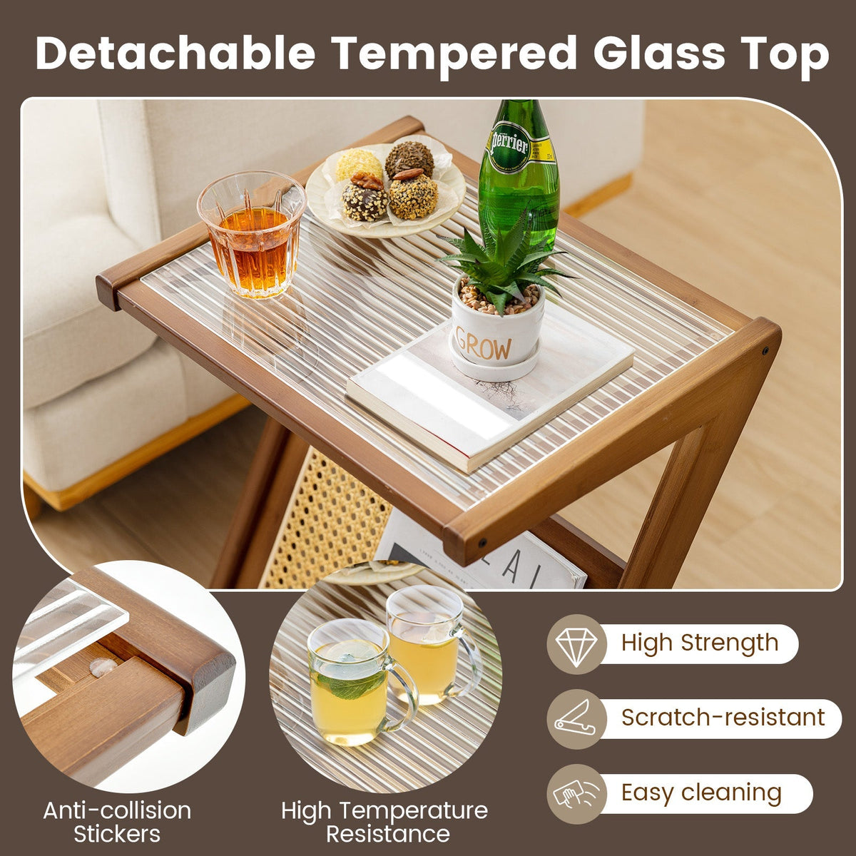 Boho End Table with Magazine Rack and Tempered Glass Top