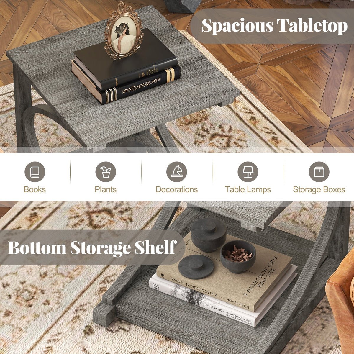 C-shaped 24 Inch 2 Tier Square End Table Sofa Side Table-Grey