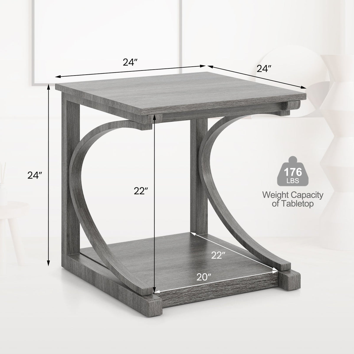C-shaped 24 Inch 2 Tier Square End Table Sofa Side Table-Grey