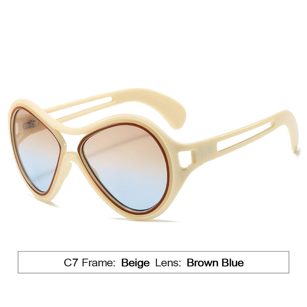 New European and American Sunglasses for Women UV400 Fashion Double Beam Round Frame Personalized PC Hollow Sunscreen Sunglasses