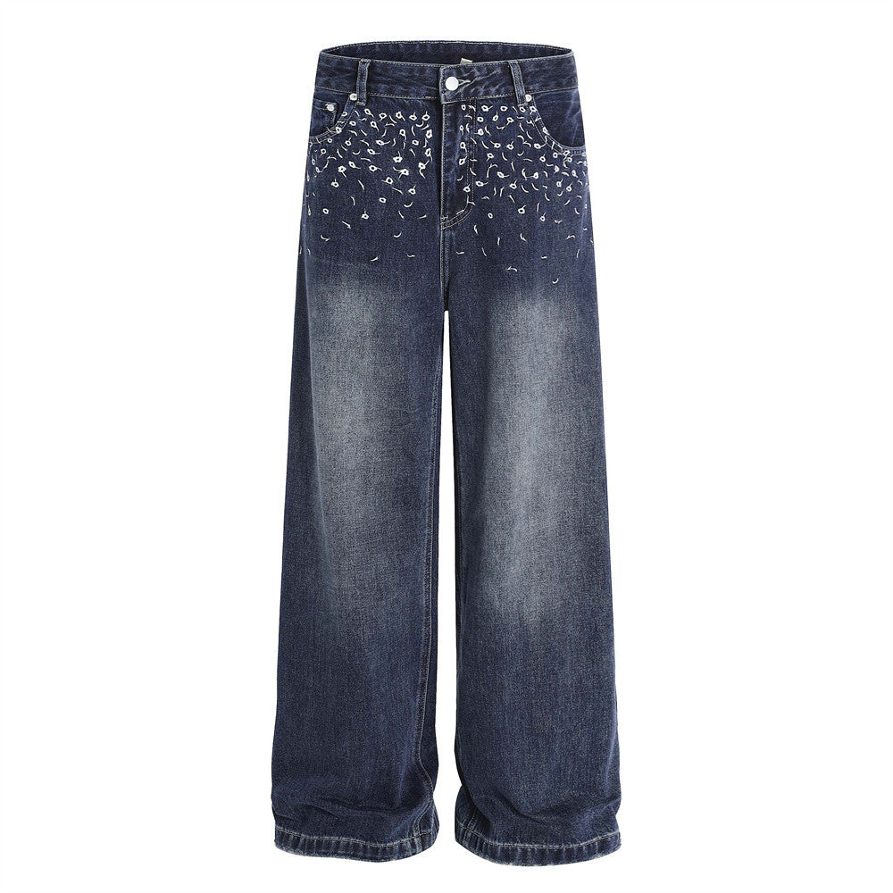 Street Design Floral Embroidered Denim Wide-Leg Long Pants Men's Vibe Trendy Washed Distressed Straight Leg Trousers