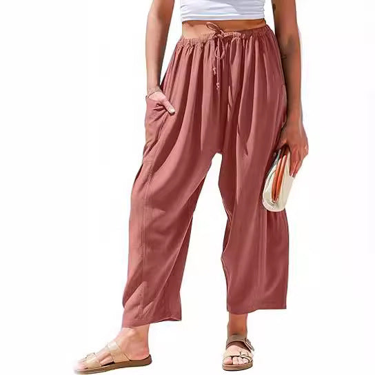 European and American women's elastic waisted pleated high waisted wide leg loose Haren cotton linen pants