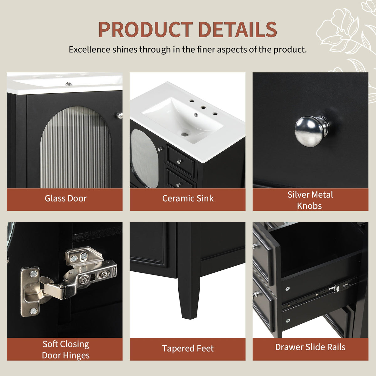 30" Bathroom Vanity with Sink, Bathroom Vanity Cabinet with Three Drawers and Door, Solid Wood and MDF, Black