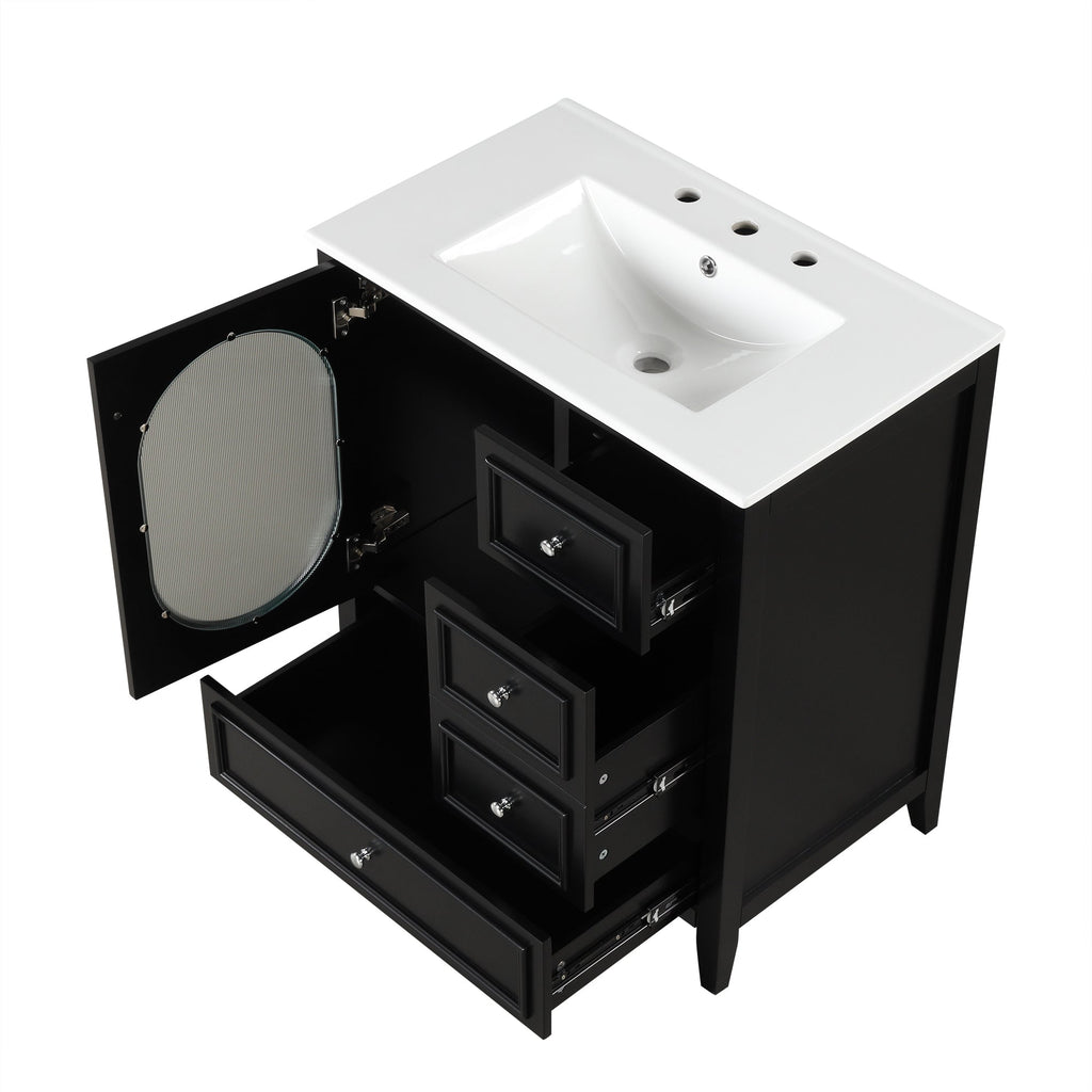 30" Bathroom Vanity with Sink, Bathroom Vanity Cabinet with Three Drawers and Door, Solid Wood and MDF, Black
