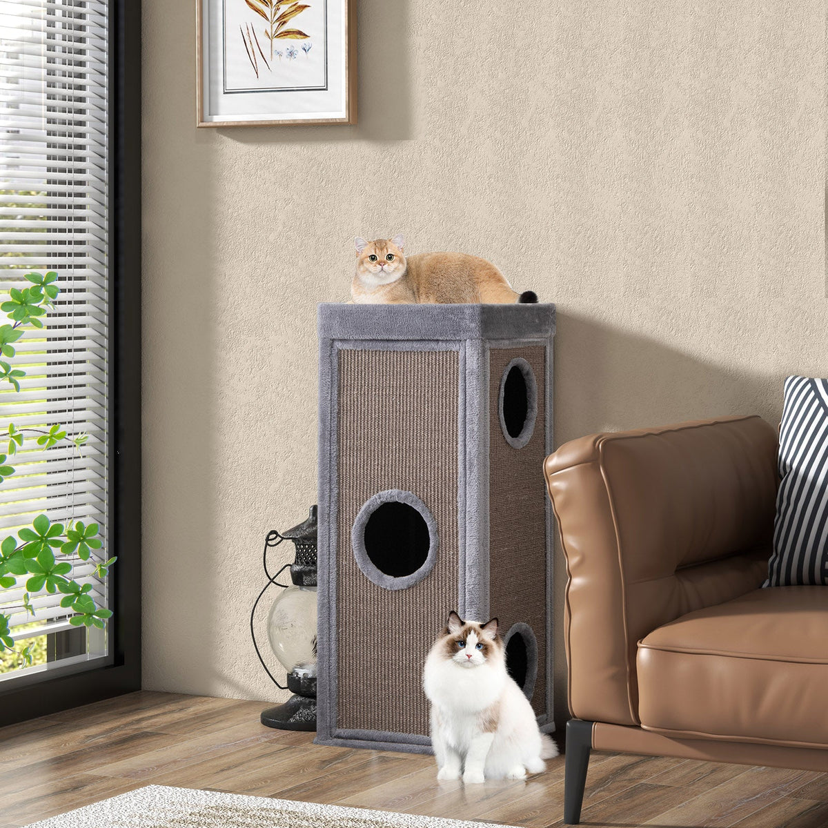 39 Inch Tall Cat Condo with Scratching Posts and 3 Hideaways and 4 Soft Plush Cushions-Gray