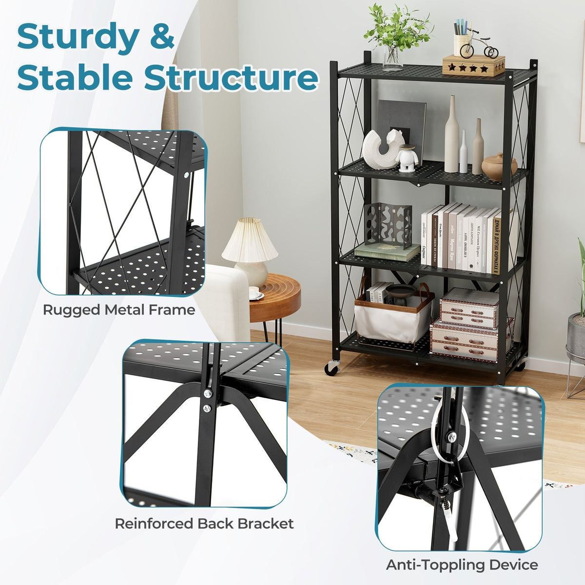 4-Tier Foldable Storage Shelf Collapsible Storage Rack with Lockable Wheels-Black