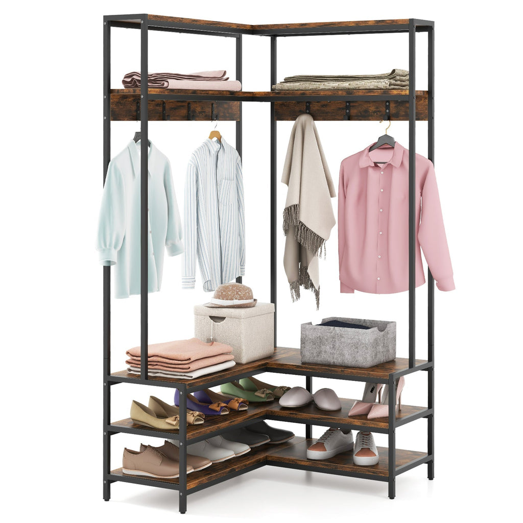 Corner Garment Rack with Open Shelves and 7 Hooks Shoe Bench
