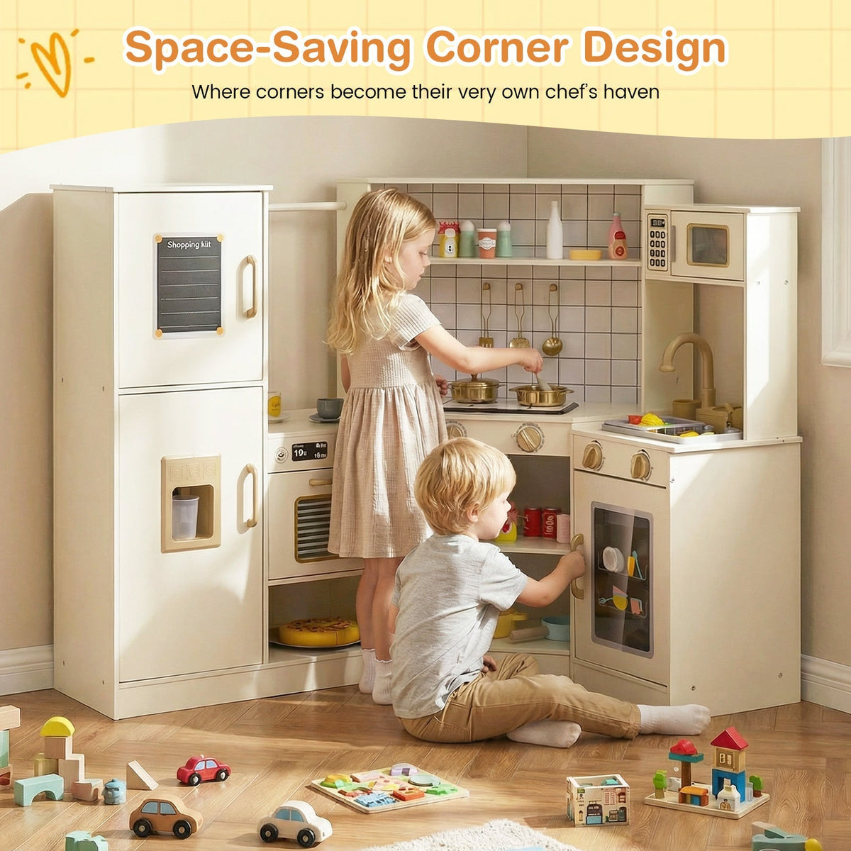Corner Kids Play Kitchen with Stoves with Lights and Sounds-Beige