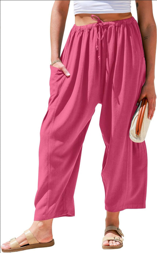 European and American women's elastic waisted pleated high waisted wide leg loose Haren cotton linen pants